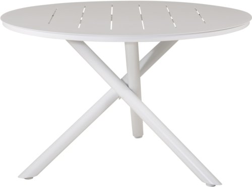 På billedet ser du variationen Alma, Udendørs spisebord, aluminium fra brandet Venture Design i en størrelse D: 120 cm. x H: 75 cm. x D: 75 cm. i farven Hvid