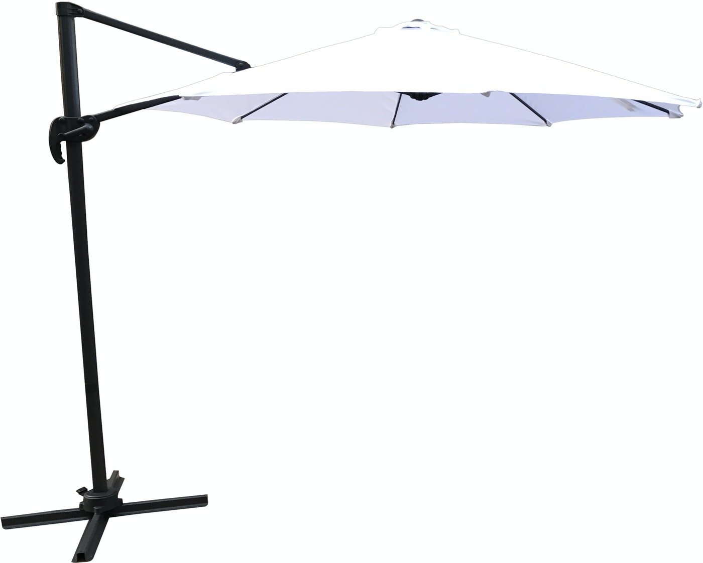 På billedet ser du variationen Leeds, Udendørs parasol med arm i siden, aluminium fra brandet Venture Design i en størrelse B: 190 cm. x L: 190 cm. i farven Sort/Hvid