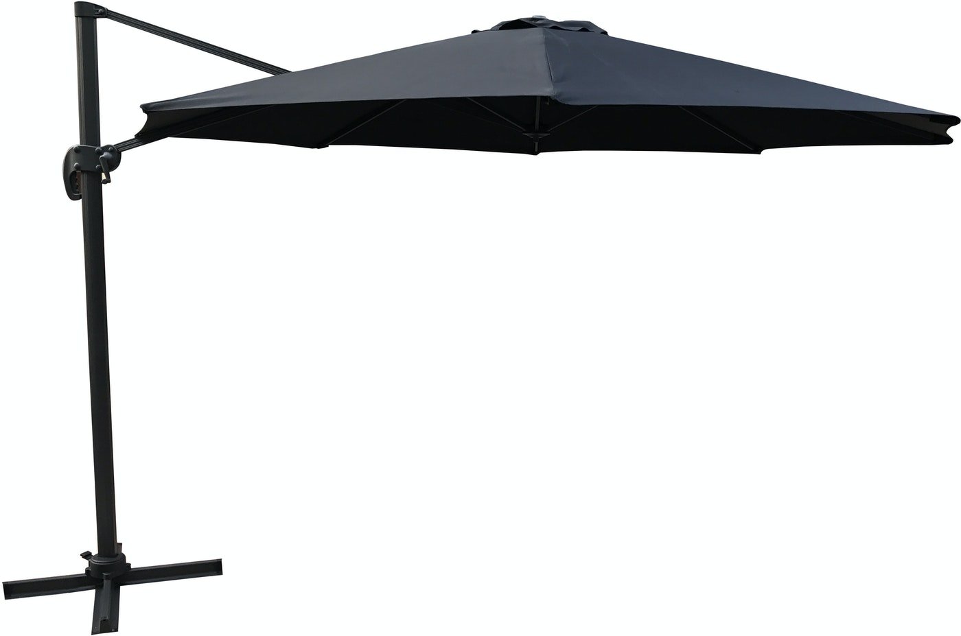 På billedet ser du variationen Leeds, Udendørs parasol med arm i siden, aluminium fra brandet Venture Design i en størrelse B: 250 cm. x L: 250 cm. i farven Sort