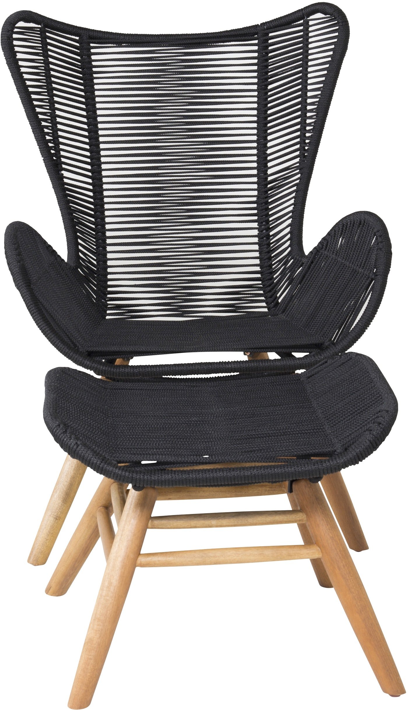 På billedet ser du Tingeling, Udendørs hvilestol med tilhørende fodskammel, akacietræ fra brandet Venture Design i en størrelse H: 102,5 cm. x B: 72 cm. x L: 78 cm. i farven Sort