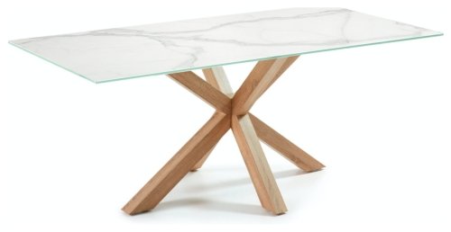 På billedet ser du variationen Argo, Spisebord med krydsstel, Porcelæn bordplade fra brandet LaForma i en størrelse H: 75 cm. B: 200 cm. L: 100 cm. i farven Hvid/Natur