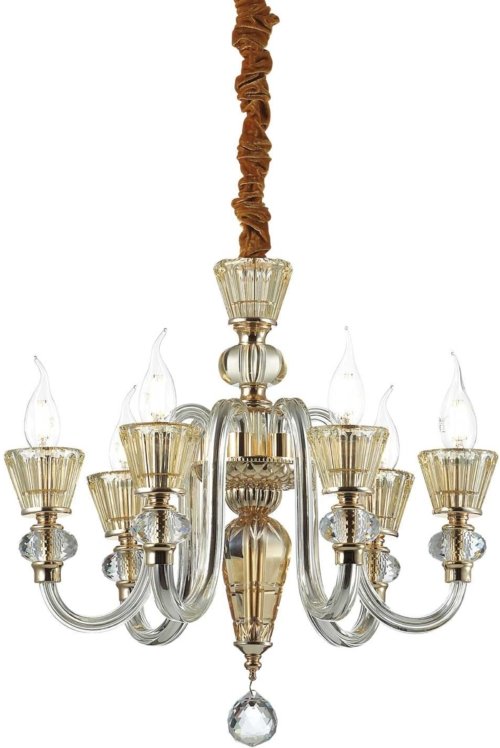På billedet ser du variationen Strauss, Pendel lampe, Sp6, glas fra brandet Ideal Lux i en størrelse D: 50 cm. x H: 53 cm. i farven Guld/Rav