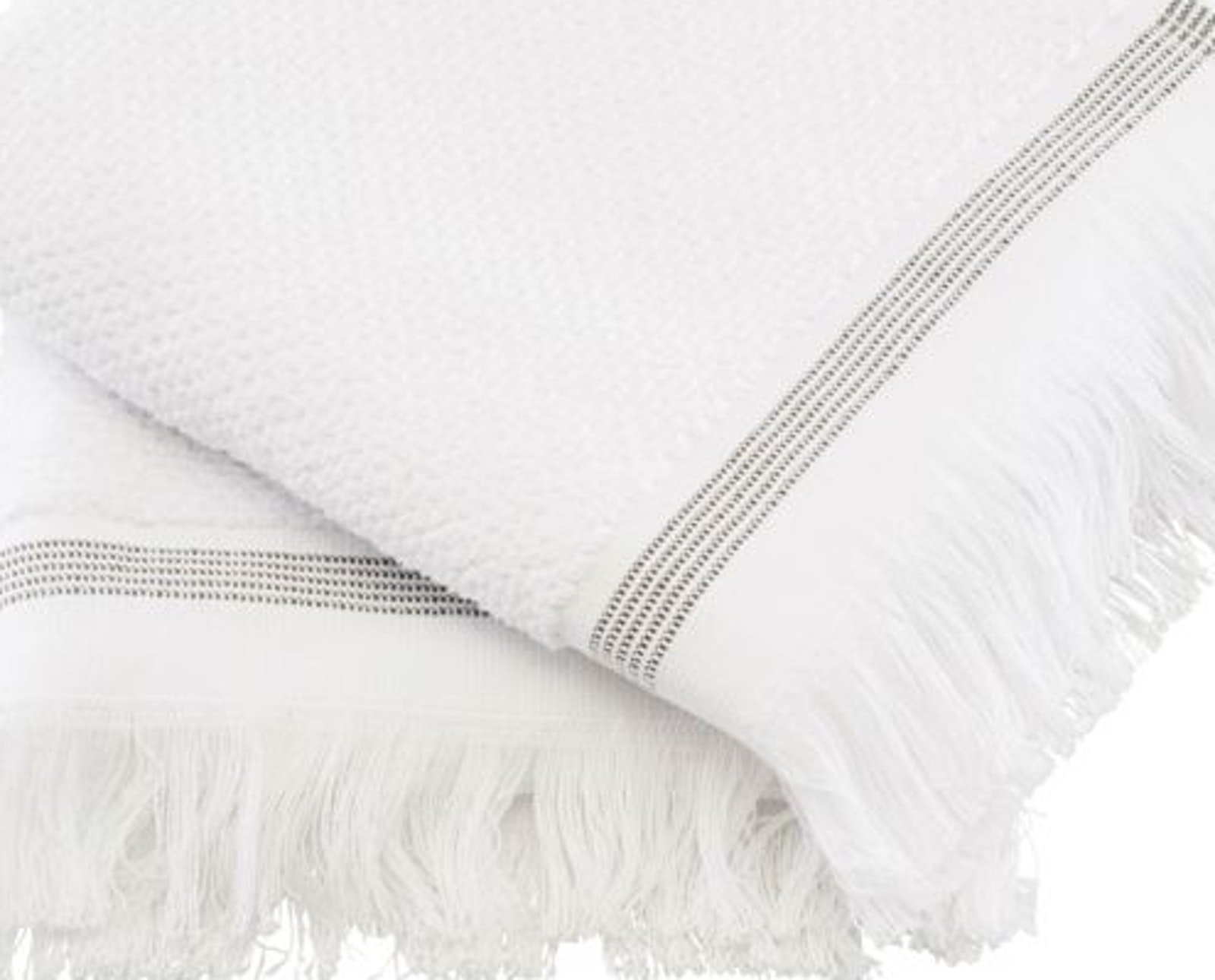 På billedet ser du variationen Hvid med grå striber, Håndklæde, Økologisk bomuld, sæt á 2 stk. fra brandet Meraki i en størrelse B: 60 cm. x L: 40 cm. i farven Hvid med grå striber