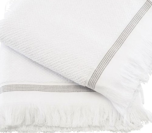 På billedet ser du variationen Hvid med grå striber, Håndklæde, Økologisk bomuld, sæt á 2 stk. fra brandet Meraki i en størrelse B: 100 cm. x L: 50 cm. i farven Hvid med grå striber