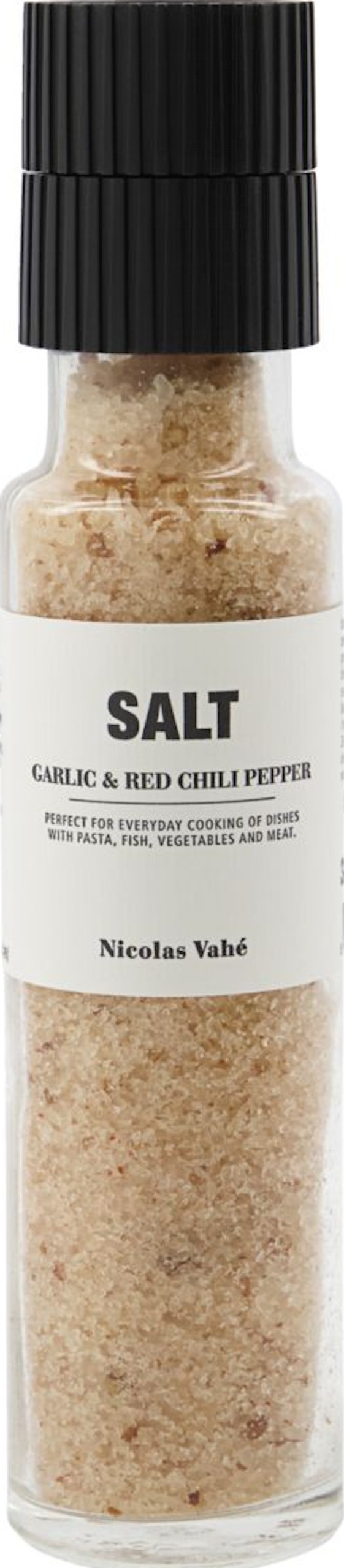 På billedet ser du variationen Salt med kværn, Hvidløg & rød peber fra brandet Nicolas Vahé i en størrelse D: 5 cm. x H: 23 cm. i farven Sort/Orange