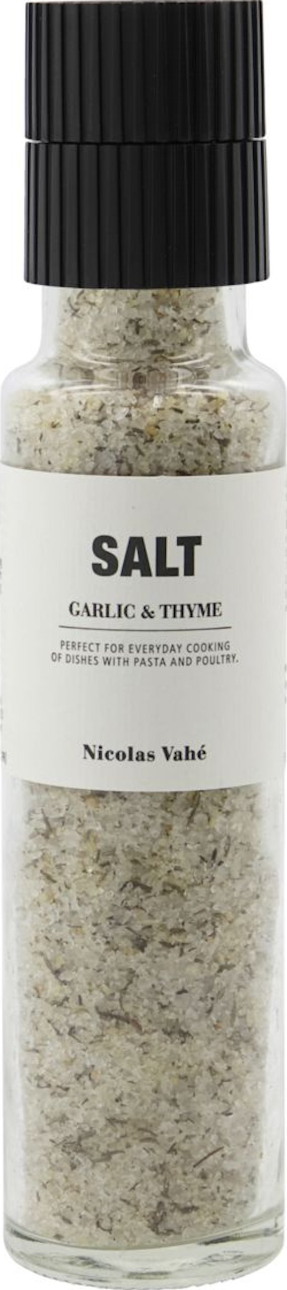 På billedet ser du variationen Salt med kværn, Hvidløg & timian fra brandet Nicolas Vahé i en størrelse D: 5 cm. x H: 23 cm. i farven Sort/Natur
