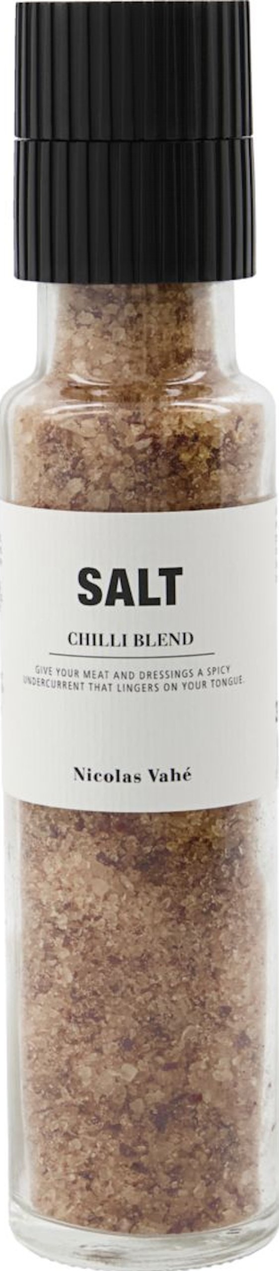 På billedet ser du variationen Salt med kværn, Chili blend fra brandet Nicolas Vahé i en størrelse D: 5 cm. x H: 23 cm. i farven Sort/Orange