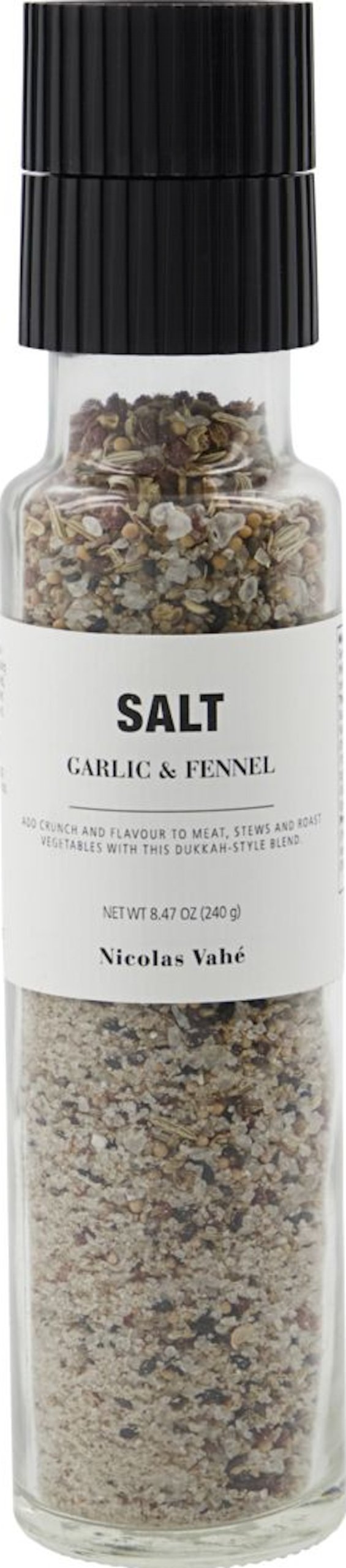 På billedet ser du Salt med kværn, Hvidløg & fennikel fra brandet Nicolas Vahé i en størrelse D: 5 cm. x H: 23 cm. i farven Sort/Natur