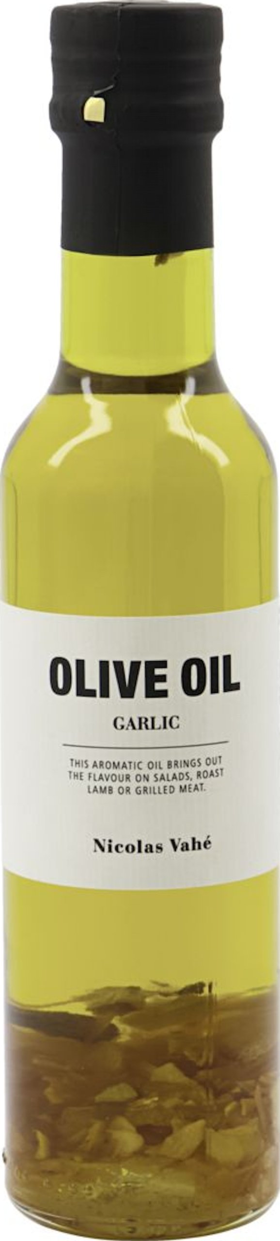 På billedet ser du variationen Olivenolie med hvidløg fra brandet Nicolas Vahé i en størrelse D: 5 cm. x H: 22,5 cm. i farven Gul/Sort