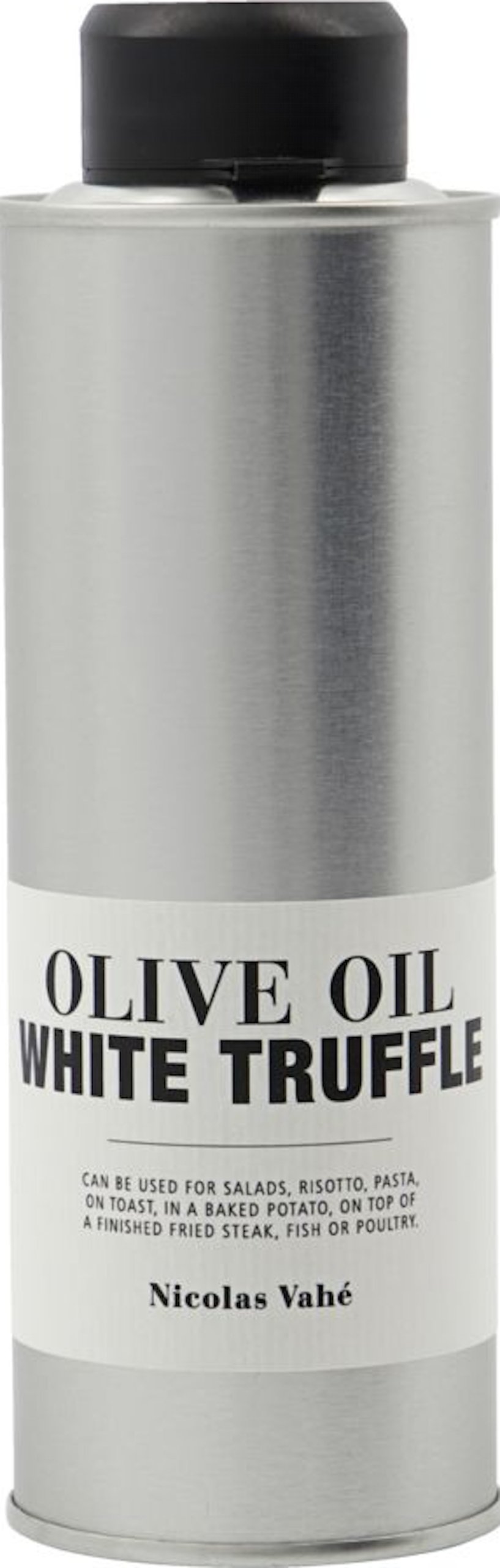 På billedet ser du variationen Jomfru olivenolie med hvid trøffel fra brandet Nicolas Vahé i en størrelse D: 5,5 cm. x H: 15,5 cm. i farven Sølv/Sort
