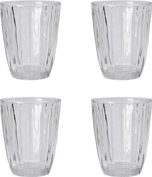 På billedet ser du variationen Groove, Vandglas, Sæt á 4 stk. fra brandet Nicolas Vahé i en størrelse D: 8 cm. x H: 10 cm. i farven Klar