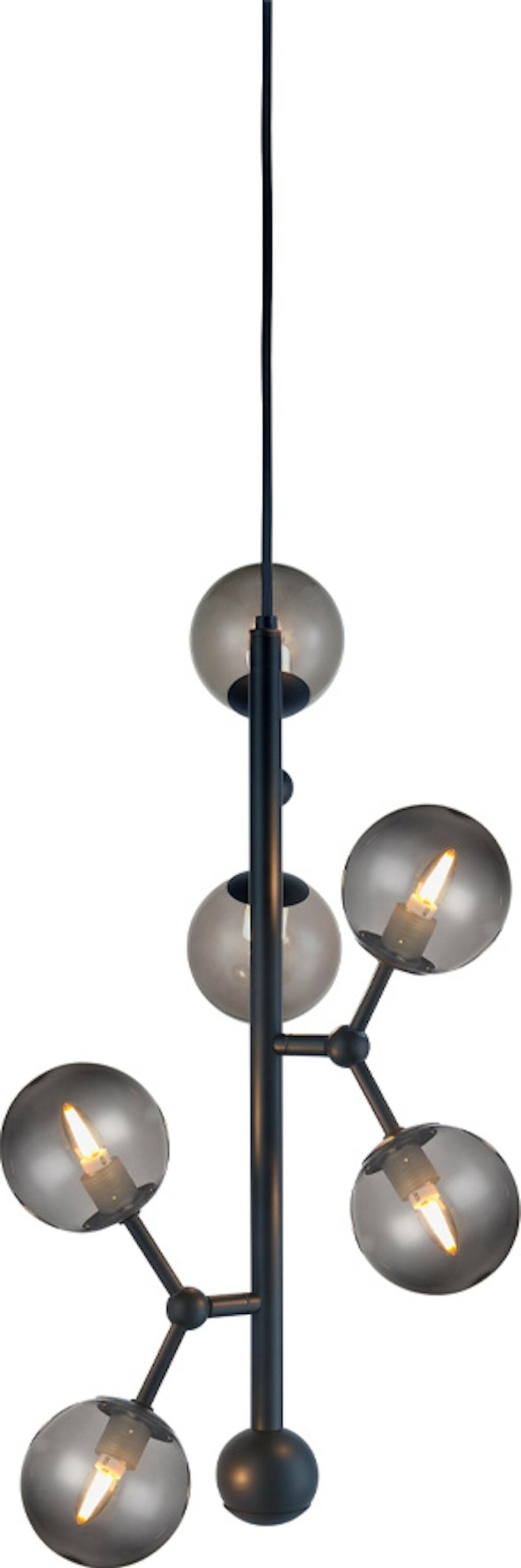 På billedet ser du Atom, Pendel lampe, Vertikal, 6 x LED fra brandet Halo Design i en størrelse D: 31 cm. x H: 45 cm. i farven Sort/Smoke