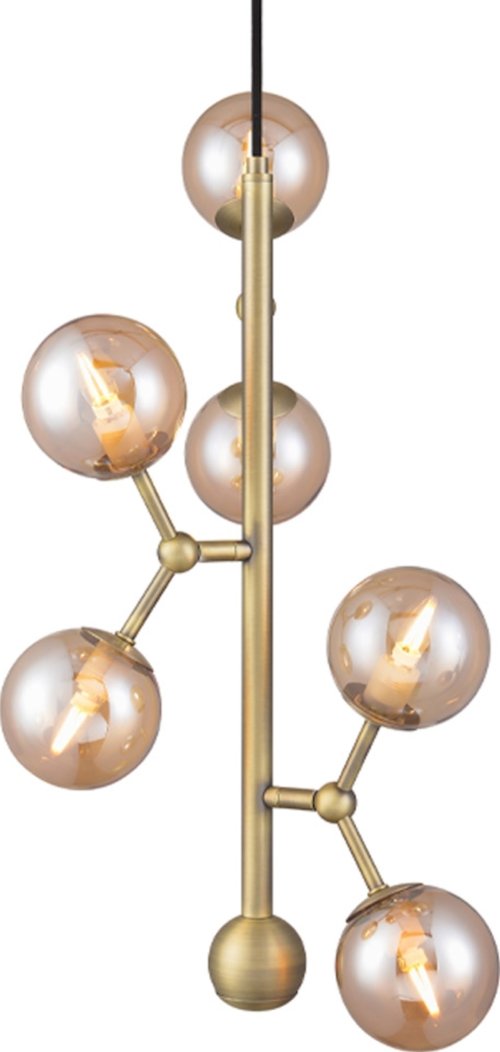 På billedet ser du variationen Atom, Pendel lampe, Vertikal, 6 x LED fra brandet Halo Design i en størrelse D: 31 cm. x H: 45 cm. i farven Messing