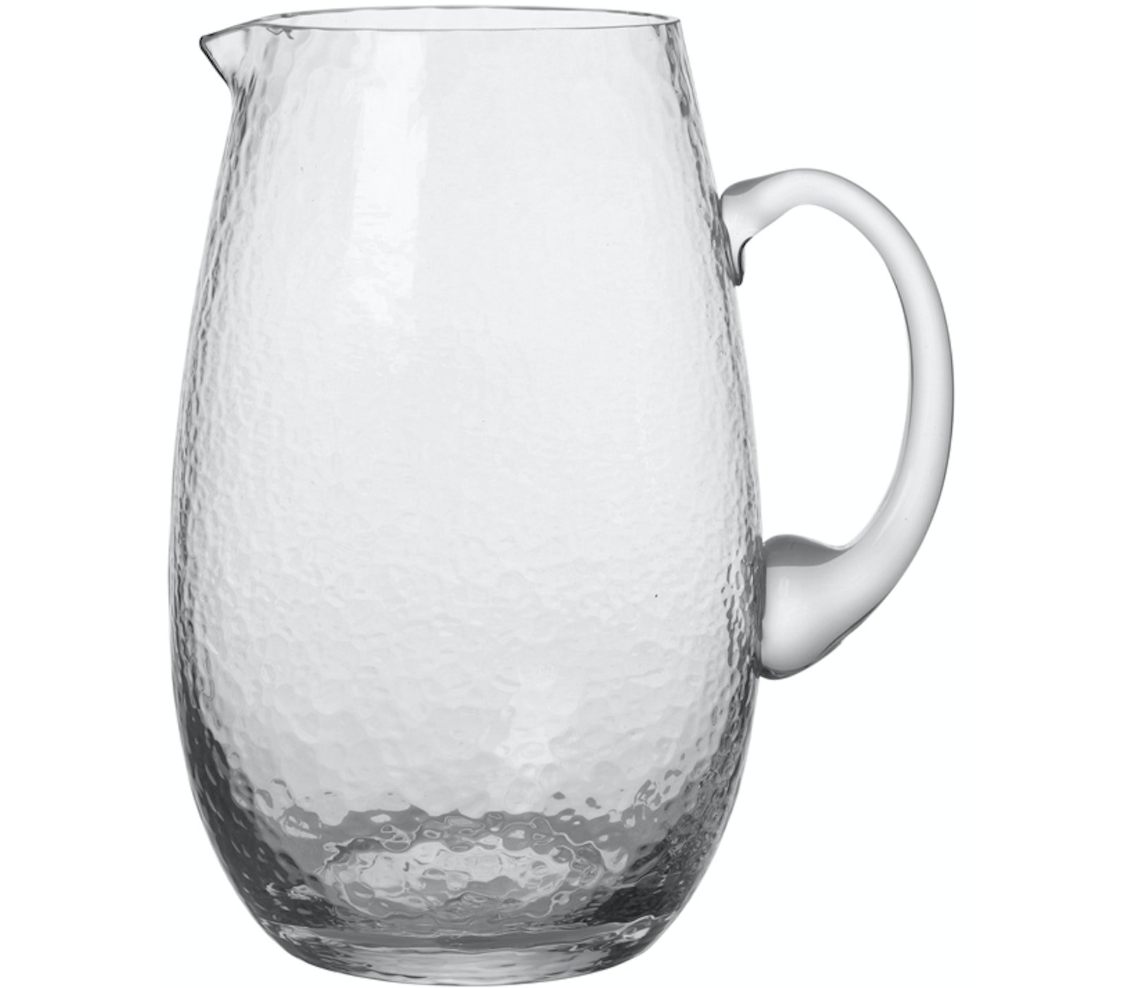På billedet ser du variationen Hammered, Kande, Glas fra brandet Broste Copenhagen i en størrelse D: 14 cm. x H: 22 cm. i farven Klar