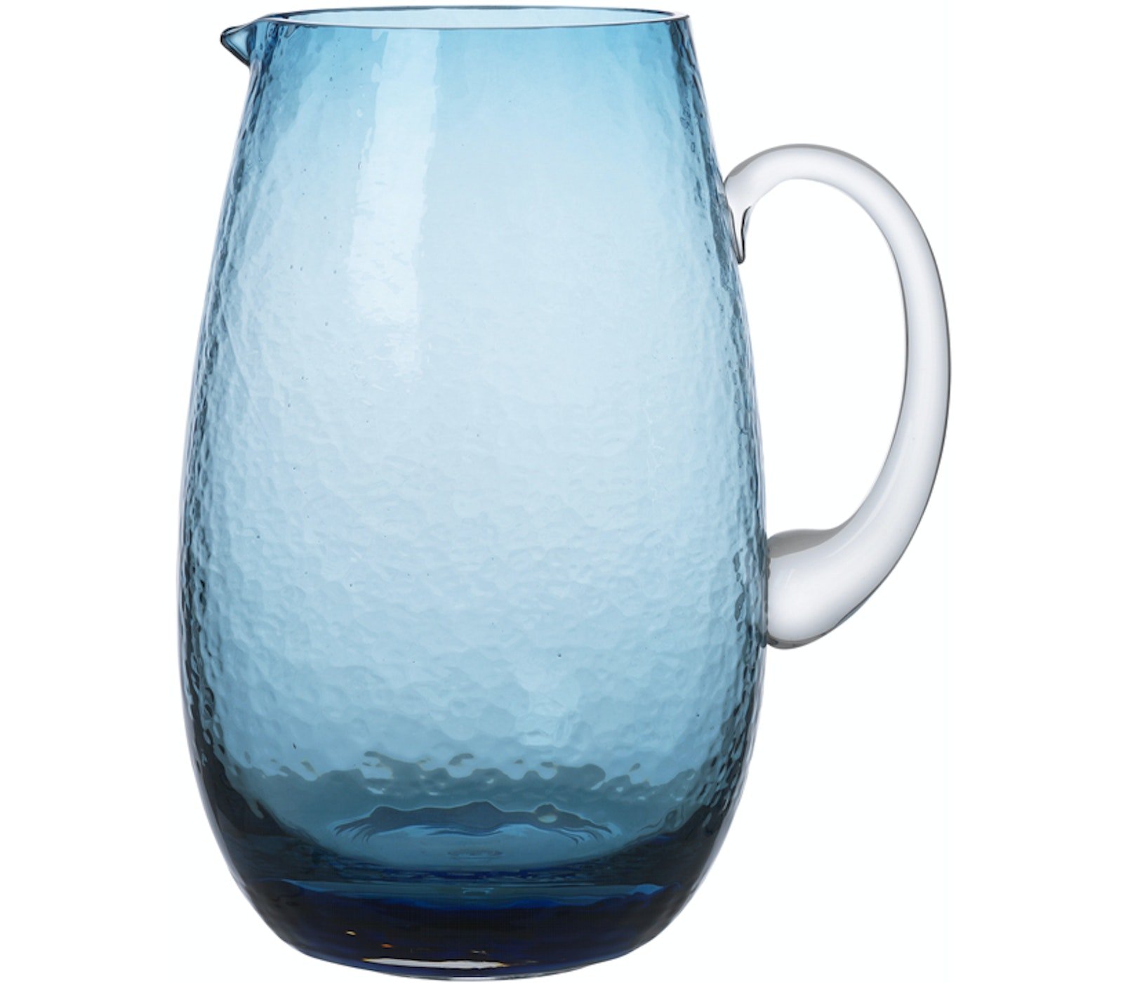 På billedet ser du variationen Hammered, Kande, Glas fra brandet Broste Copenhagen i en størrelse D: 14 cm. x H: 22 cm. i farven Blå