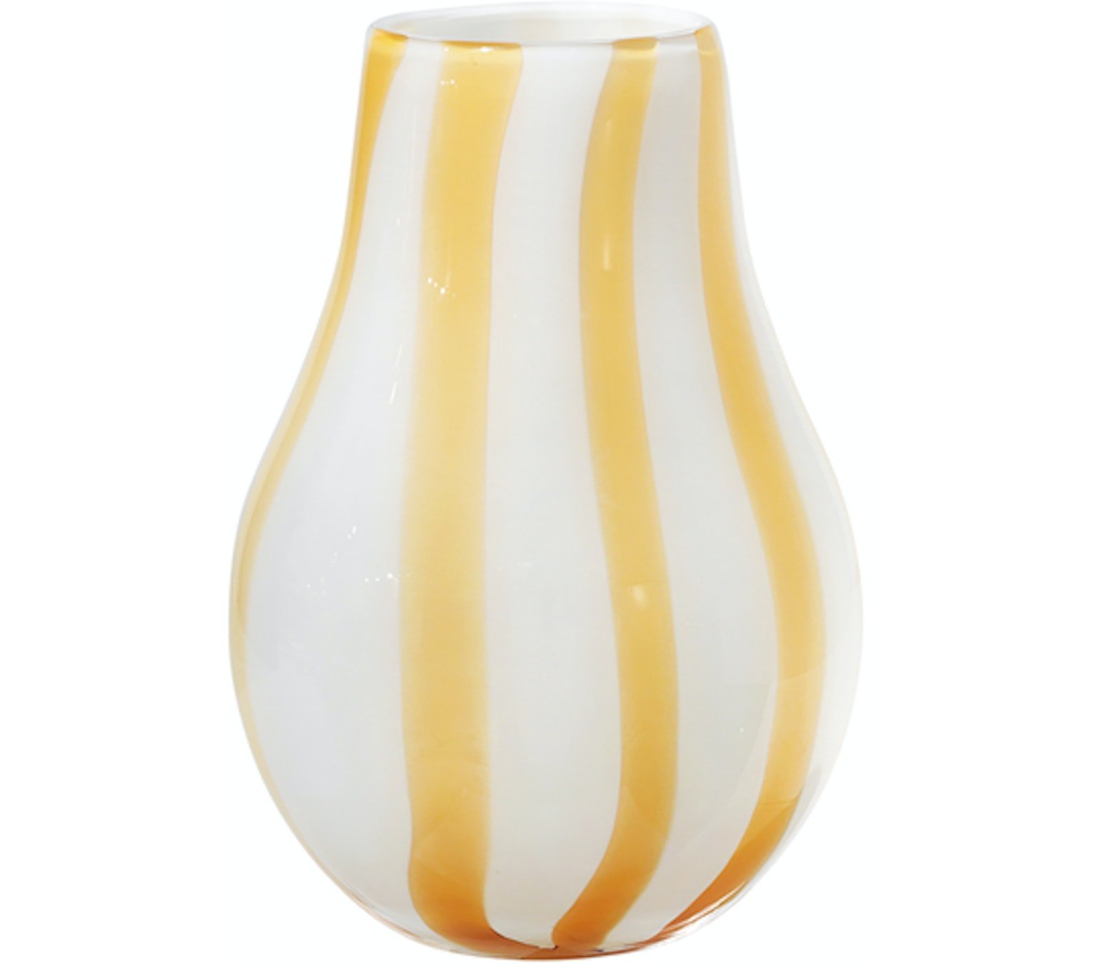 På billedet ser du variationen Ada stripe, Vase, Mundblæst glas fra brandet Broste Copenhagen i en størrelse D: 15,5 cm. x H: 22,5 cm. i farven Gul