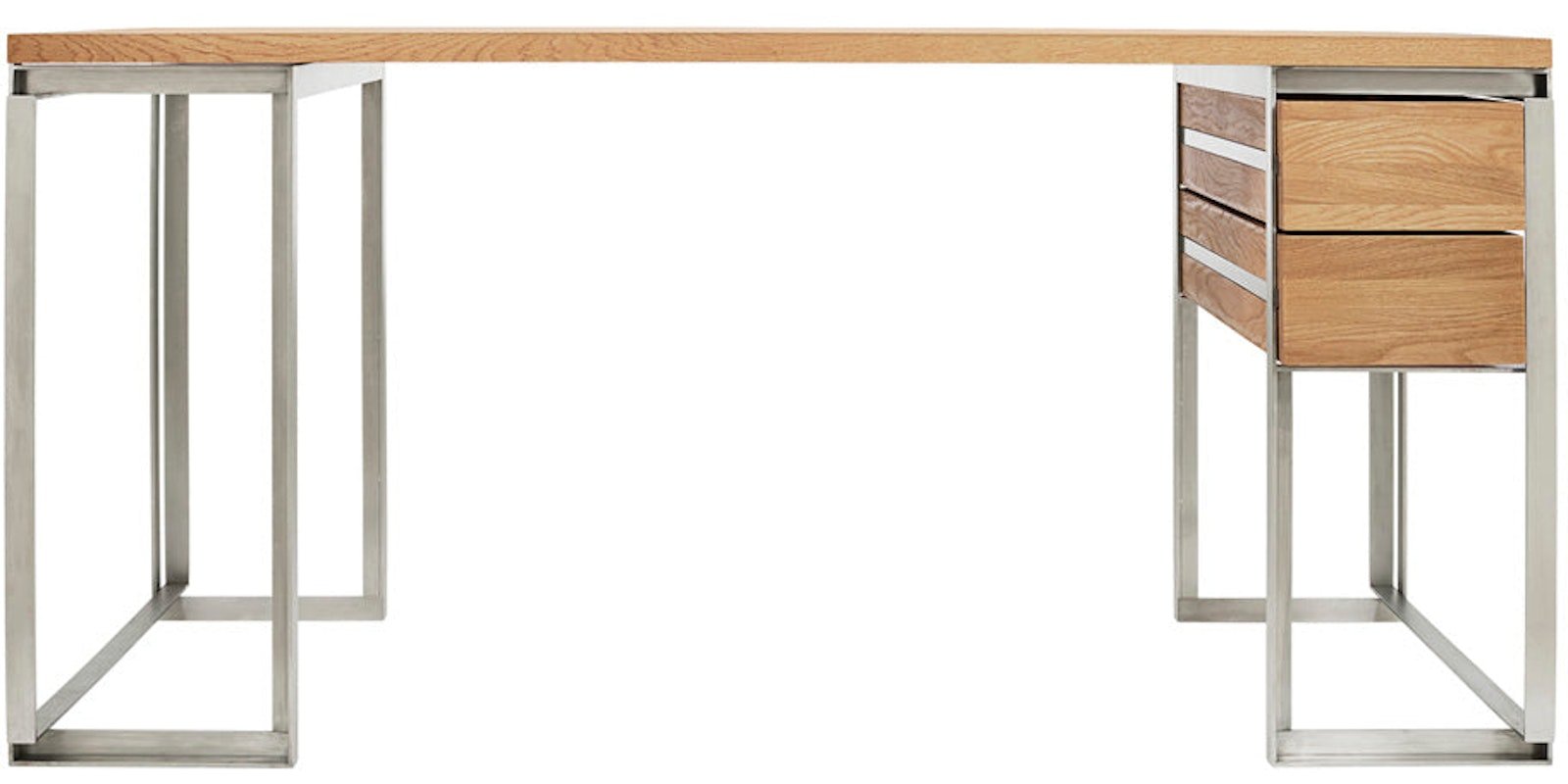 På billedet ser du variationen Skrivebord, Rustfrit stål, eg fra brandet Kristina Dam i en størrelse H: 74 cm. x B: 70 cm. x L: 150 cm. i farven Natur/sølv