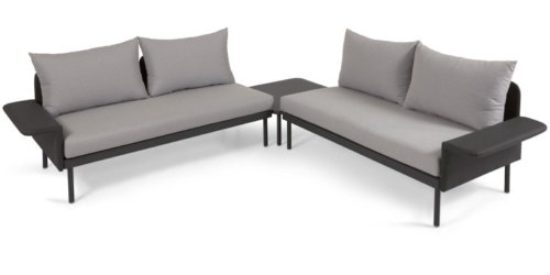 På billedet ser du variationen Zaltana, Udendørs sofasæt, Metal, sæt á 2 stk. fra brandet LaForma i en størrelse H: 82 cm. x B: 230 cm. x L: 230 cm. i farven Sort